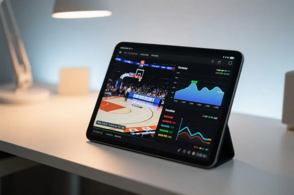A sleek tablet on a minimalist desk, displaying a live basketball broadcast with side-by-side data analytical charts, soft ambient lighting