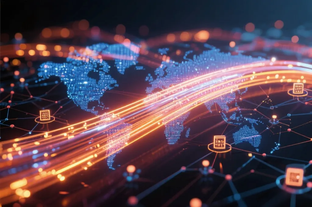 High-speed internet network concept with glowing fiber optic cables and global data connection nodes